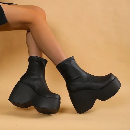 12CM High Heel Women's Sexy Platform Ankle Boots, Boost Your Height with Soft Leather Comfort and Punk Style